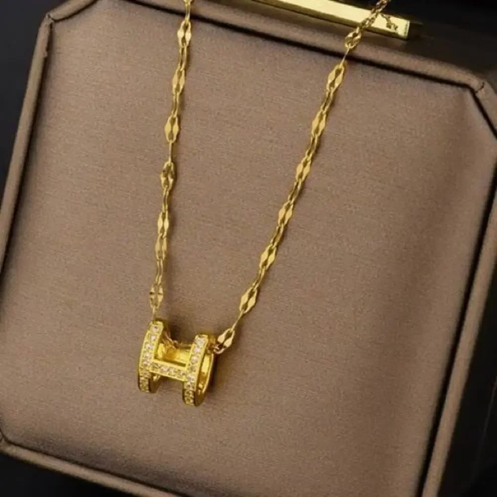 18K Gold Plated “H” Pave Rhinestone Pendant Necklace